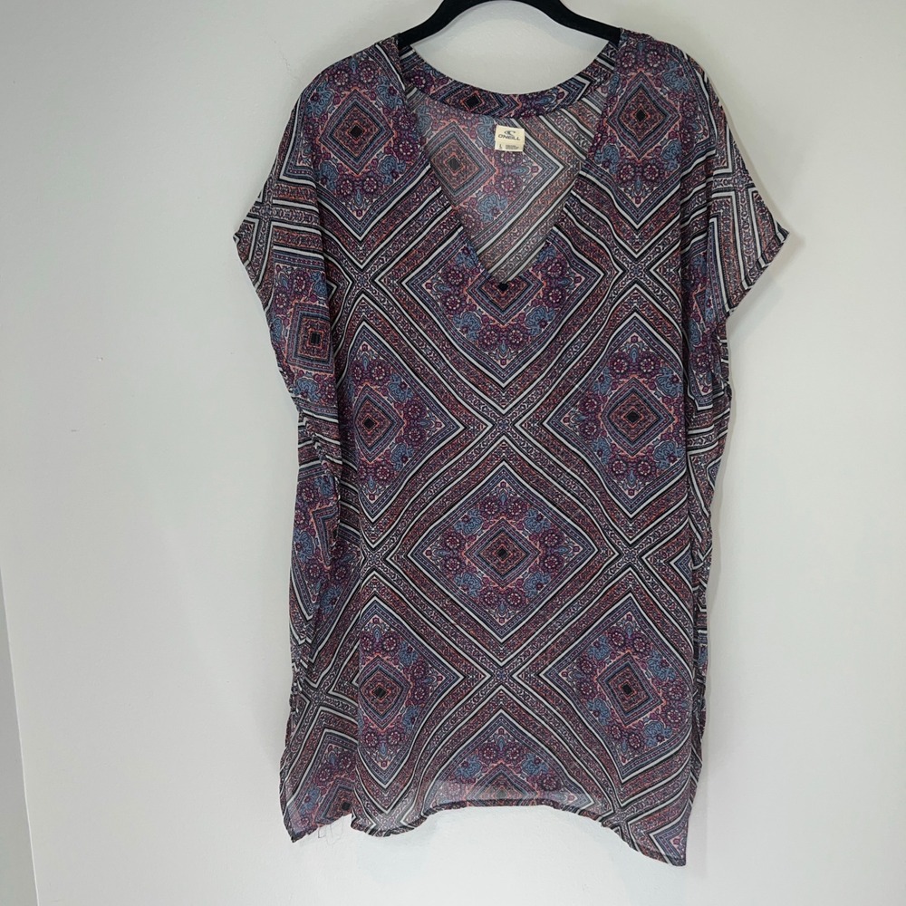 O'Neill Women's Tunic Top Swim Cover Up Diamond Print Sheer Lightweight Size L